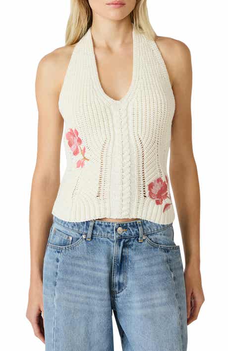 Opal Floral Embroidered Crochet Knit Halter Top
