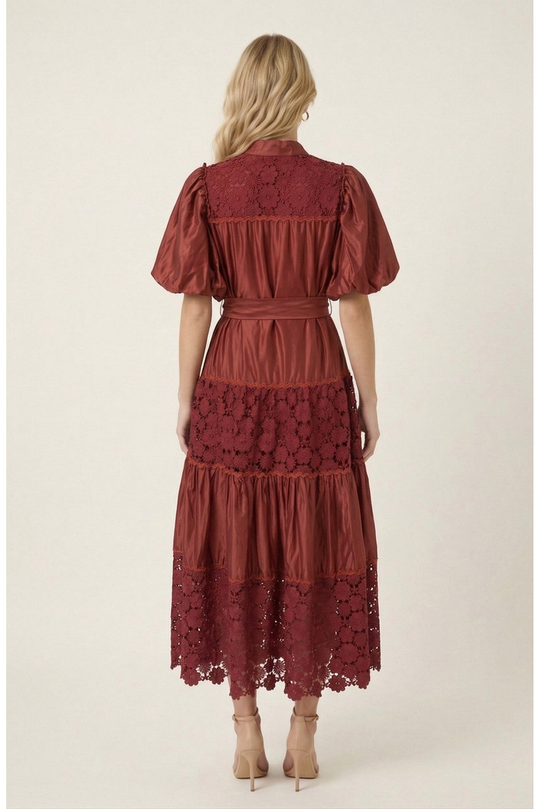 V-Neck Lace Paneling Midi Dress, Alternate, color, Red