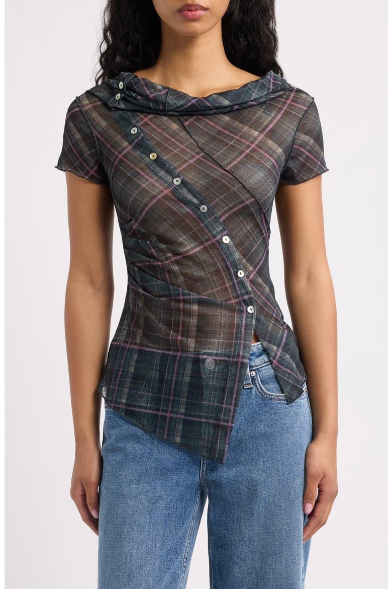 Asymmetrical Plaid Short Sleeve Top, Main, color, GREEN CHECK