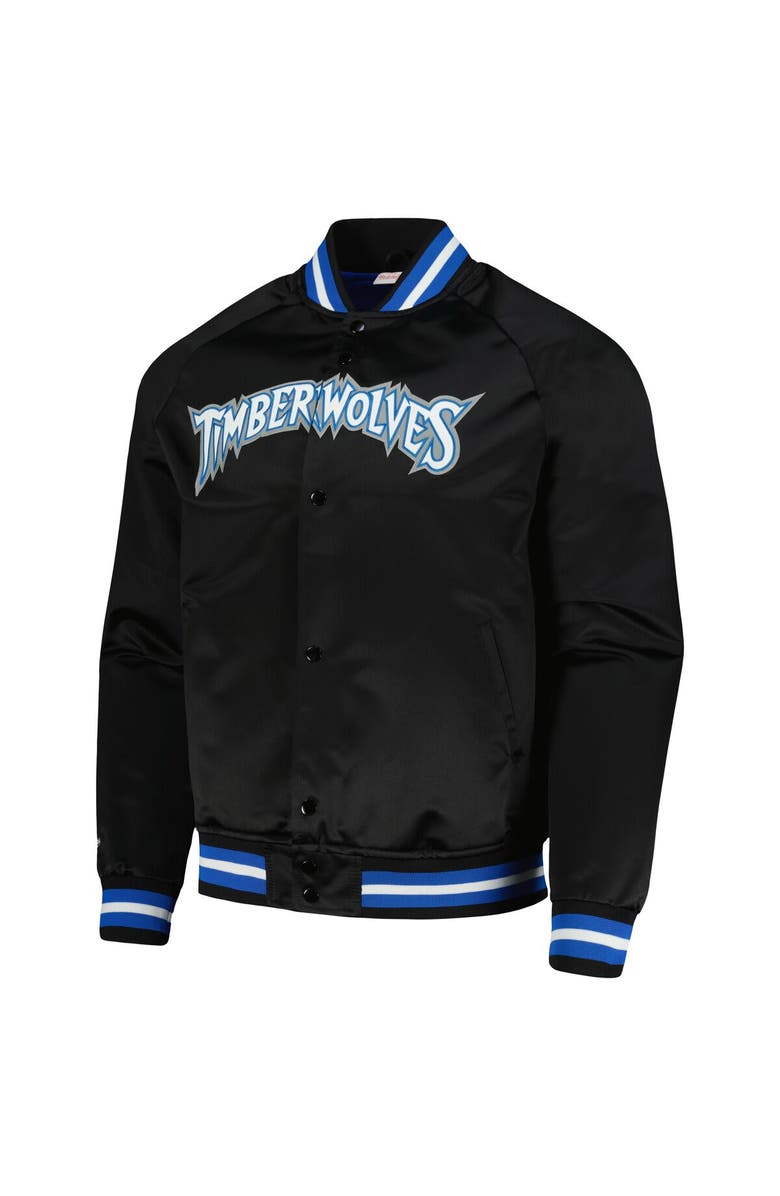 Mitchell & Ness Men's Mitchell & Ness Black Minnesota Timberwolves Hardwood Classics Throwback Wordmark Raglan Full-Snap Jacket, Alternate, color,