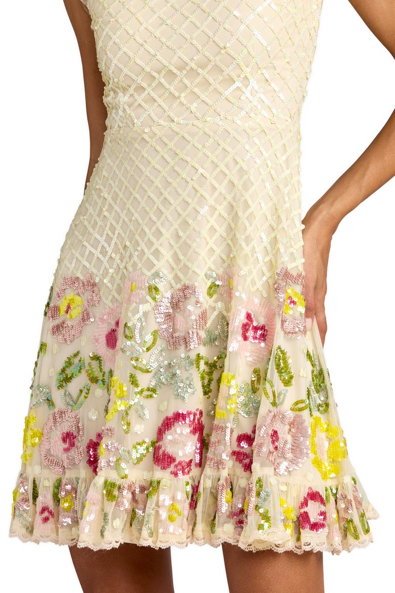 Beaded Mesh Sleeveless V Neck Ruffle Mini Dress, Alternate, color, Nude Multi