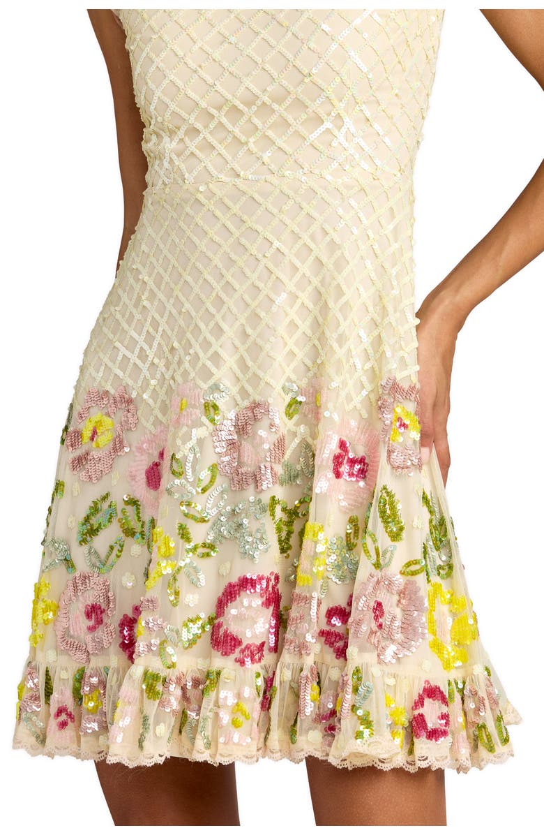 Mac Duggal Beaded Mesh Sleeveless V Neck Ruffle Mini Dress, Alternate, color, Nude Multi