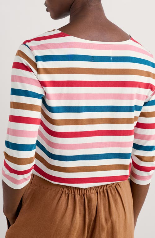 Seasalt Cornwall Sailor Stripe Three Quarter Sleeve Organic Cotton T-shirt In Quad Scallion Pink Sky