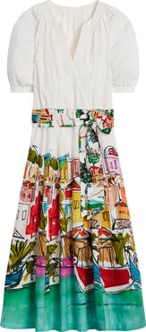 Boden Print Puff Sleeve Midi Dress