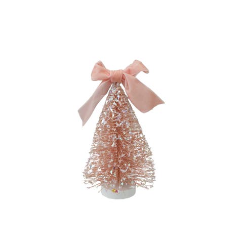 Pink Bottle Brush Tree with Velvet Bow and Reclaimed Wood Base