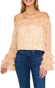 CeCe Floral Off the Shoulder Ruffle Top