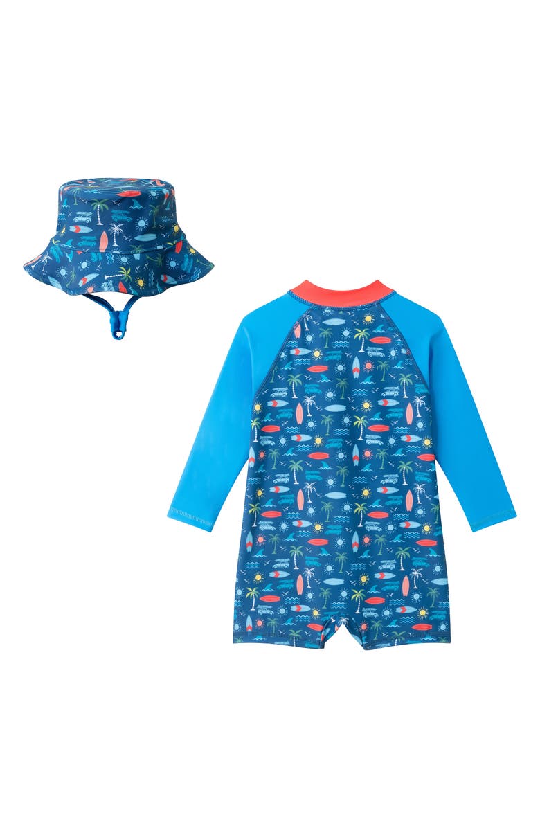 Andy & Evan Rashguard Swimsuit & Bucket Hat, Alternate, color, Navy