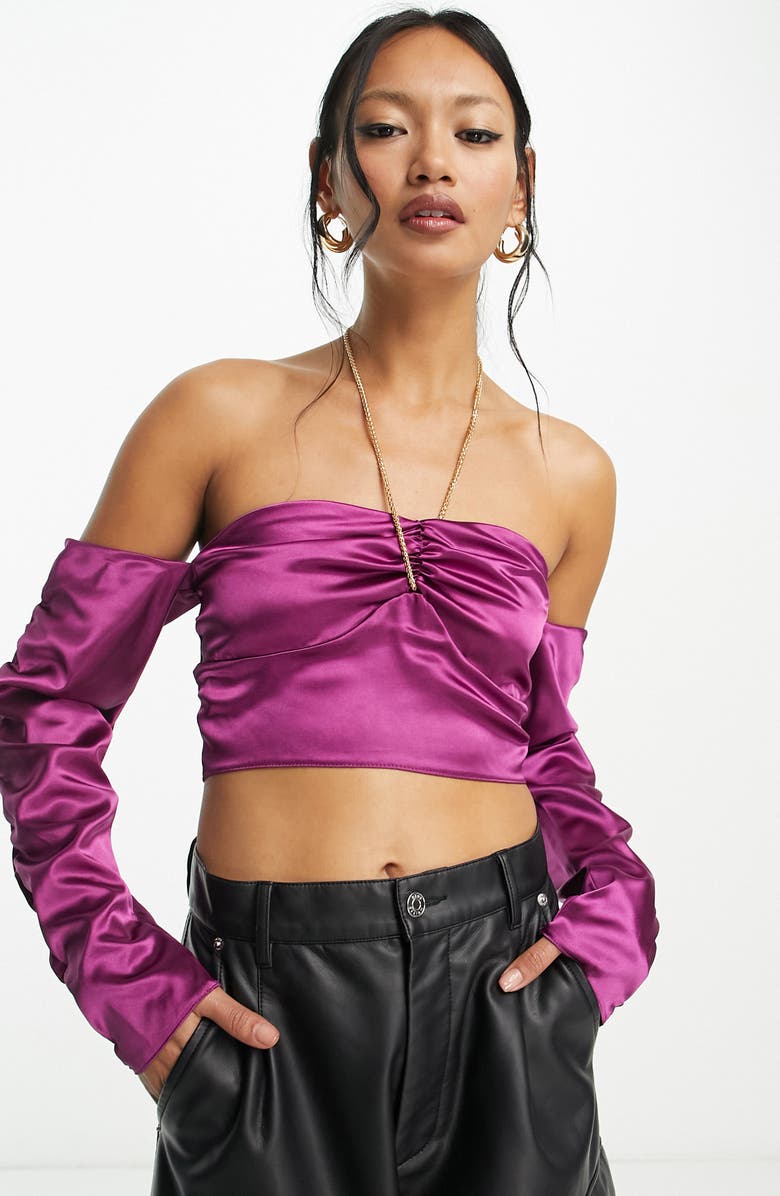 ASOS DESIGN Chain Detail Satin Halter Crop Top, Main, color, Purple