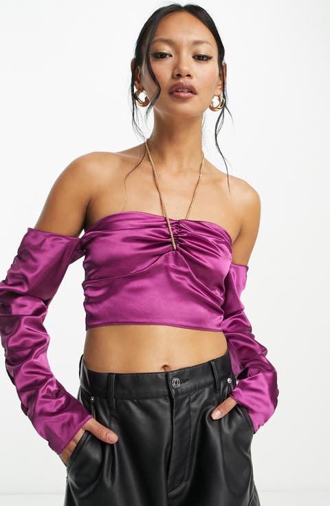 Chain Detail Satin Halter Crop Top
