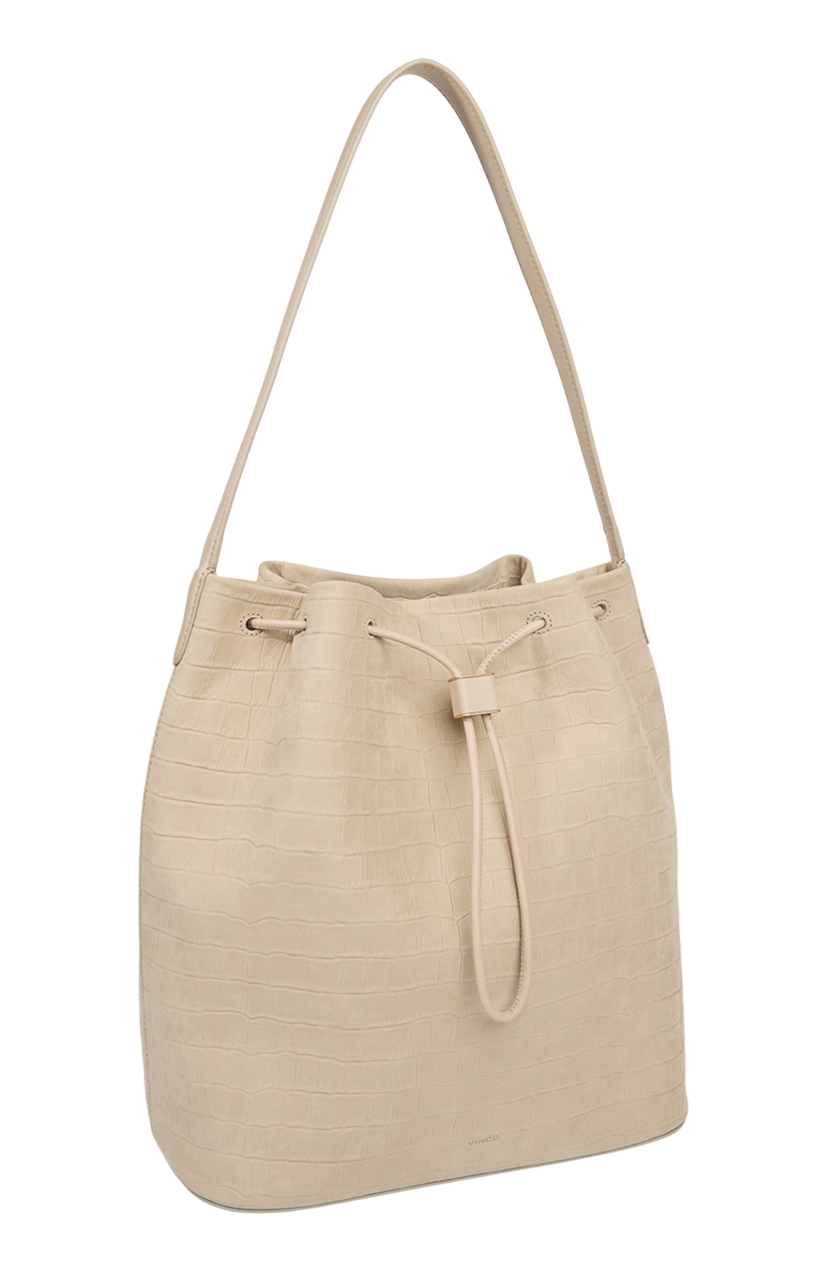 Vince Sarai Croc Embossed Leather Bucket Bag, Alternate, color, Marzipan