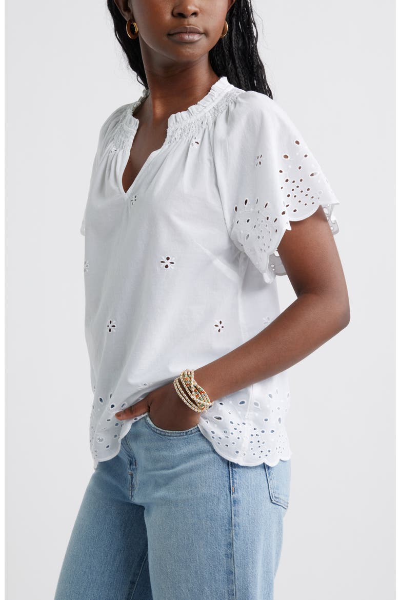Eyelet Ruffle Trim Cotton Top, Alternate, color, WHITE