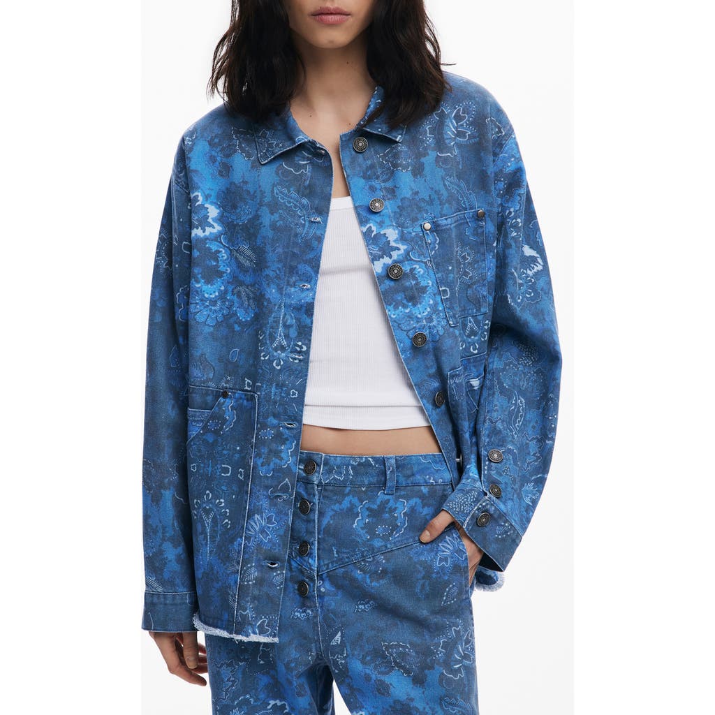 Desigual Floral Print Denim Jacket In Blue