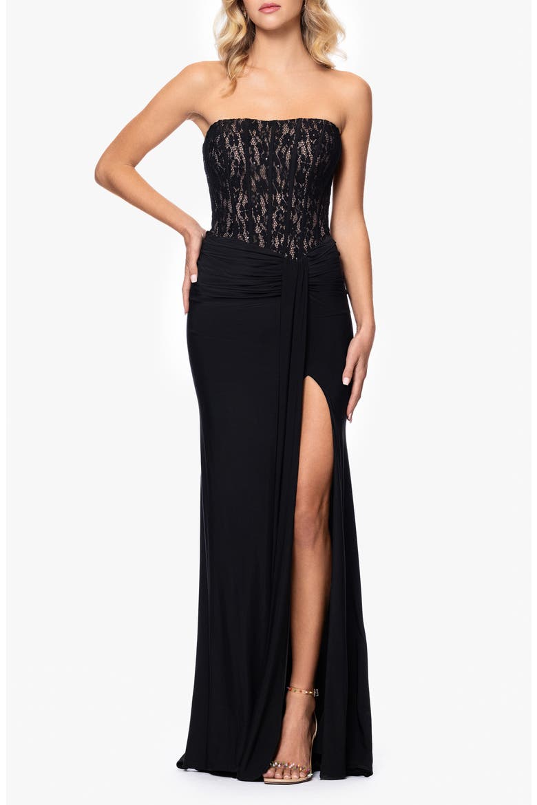 Sequin Lace Bodice Strapless Gown, Main, color, BLACK/ NUDE