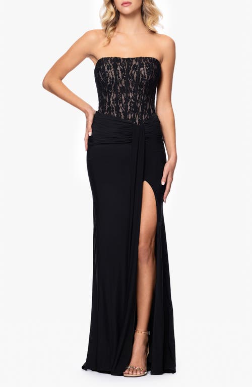 BETSY & ADAM BETSY & ADAM SEQUIN LACE BODICE STRAPLESS GOWN