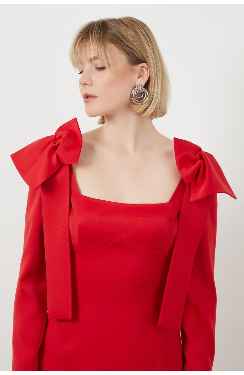 Gizia Shoulder Bow Detail Lined Long Red Dress, Main, color, Red