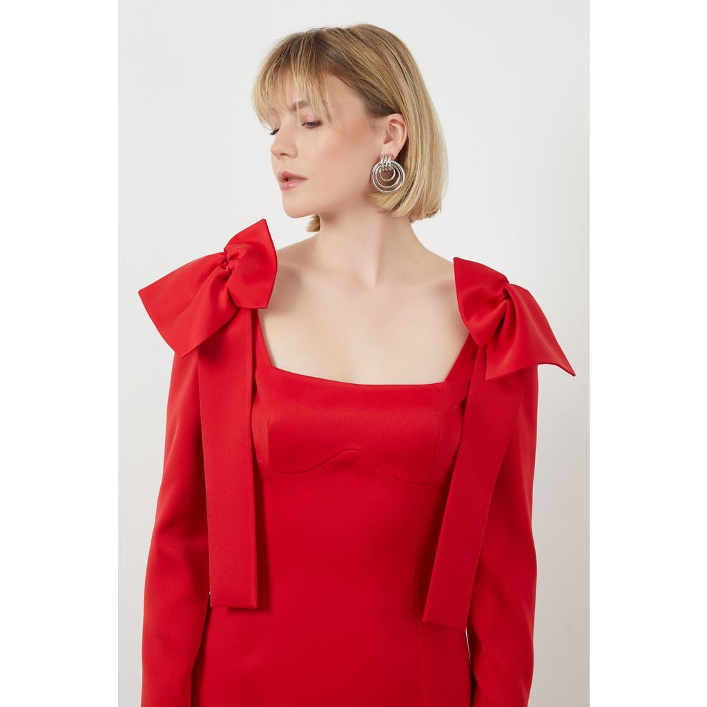 Gizia Shoulder Bow Detail Lined Long Red Dress