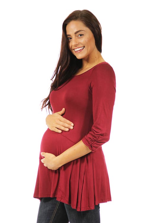 24seven Comfort Apparel Ruched Sleeve Swing Maternity Tunic Top In Red