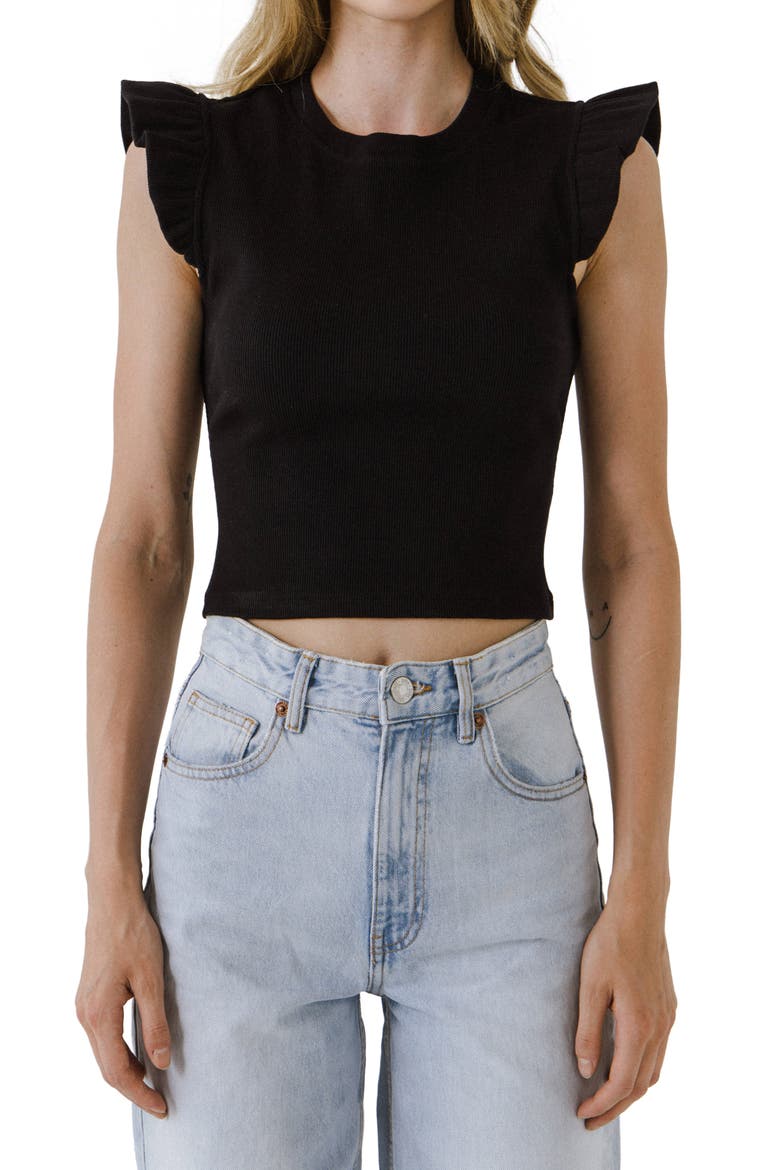Ruffle Shoulder Cotton Blend Knit Top, Main, color, BLACK
