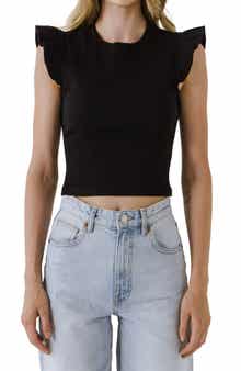 Free the Roses Ruffle Shoulder Cotton Blend Knit Top