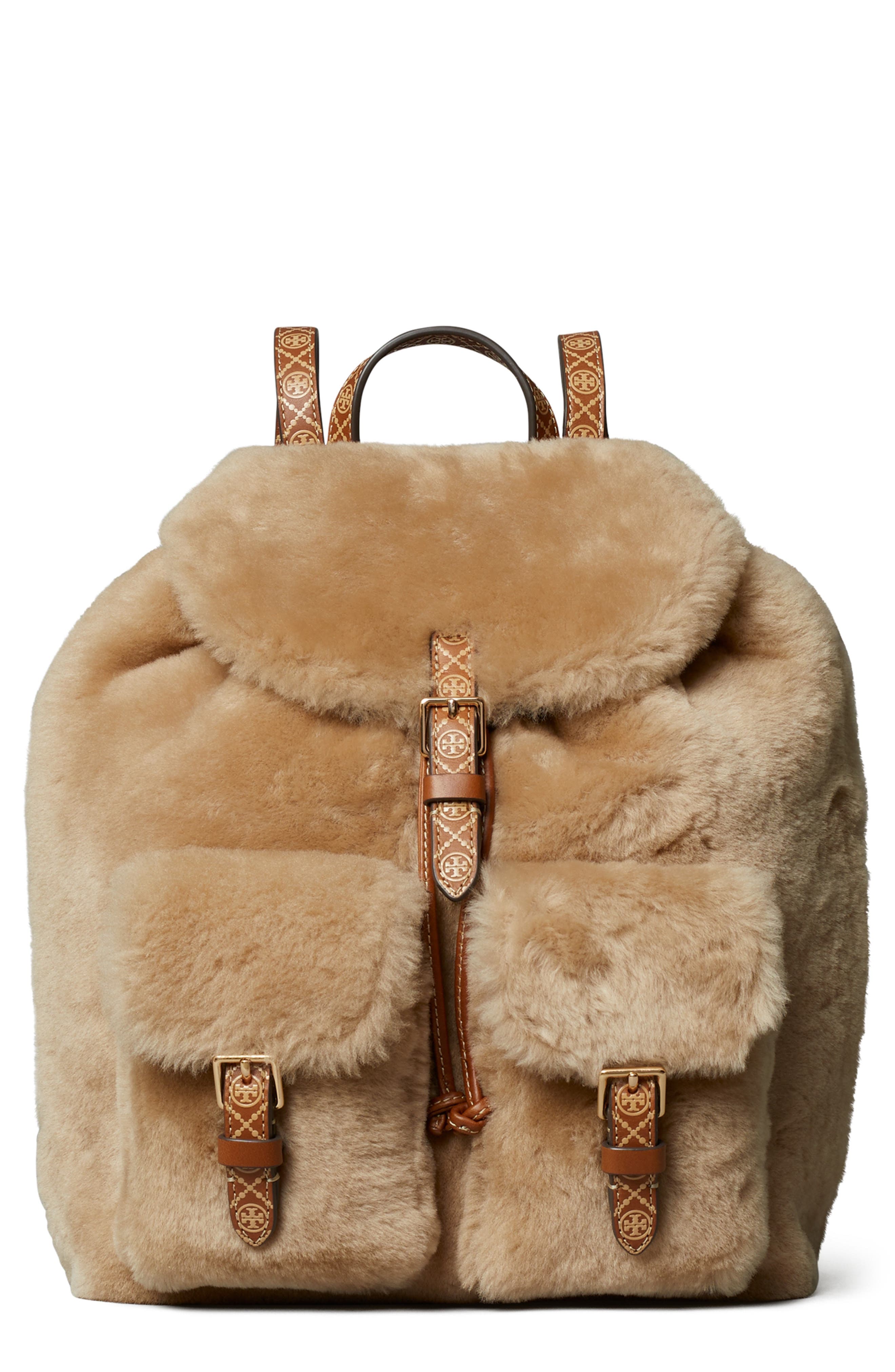 T Monogram Genuine Shearling Backpack, Main, color, TEDDY