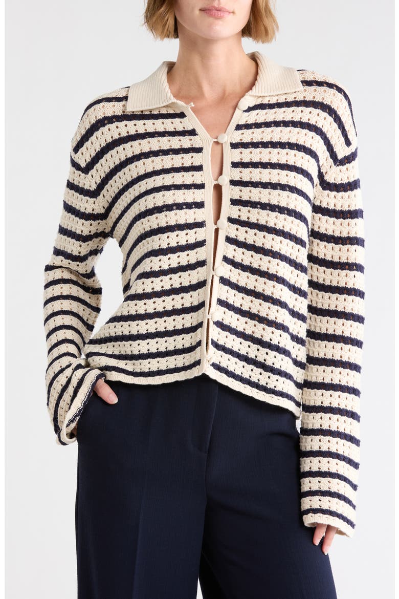 Stripe Pointelle Cardigan, Main, color, IVORY/ NAVY