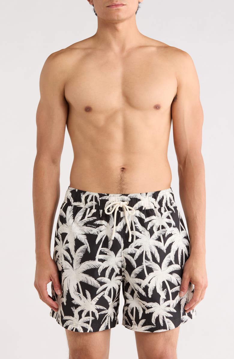 Palm Angels Palm Tree Print Swim Shorts, Main, color, Black/White