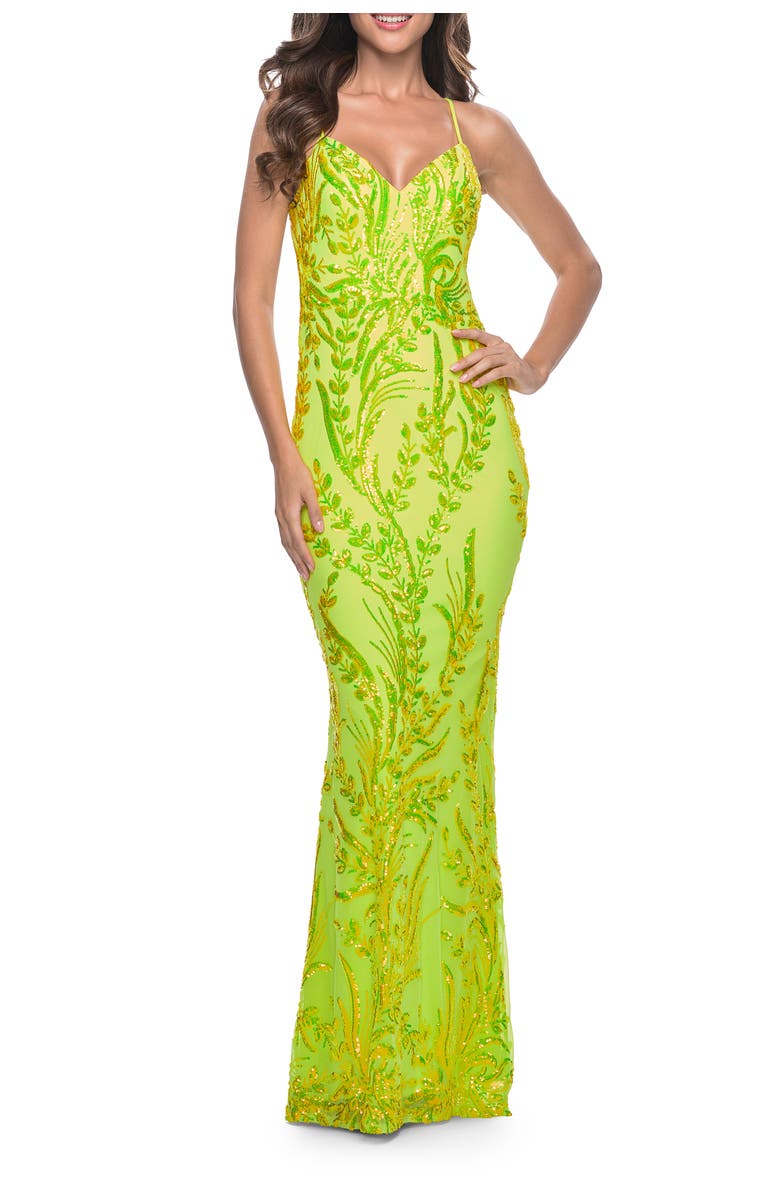La Femme Neon Fitted Print Sequin Pastel Prom Dress, Main, color, Bright Green