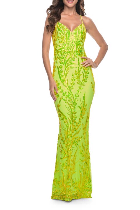 Neon Fitted Print Sequin Pastel Prom Dress