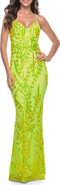 La Femme Neon Fitted Print Sequin Pastel Prom Dress