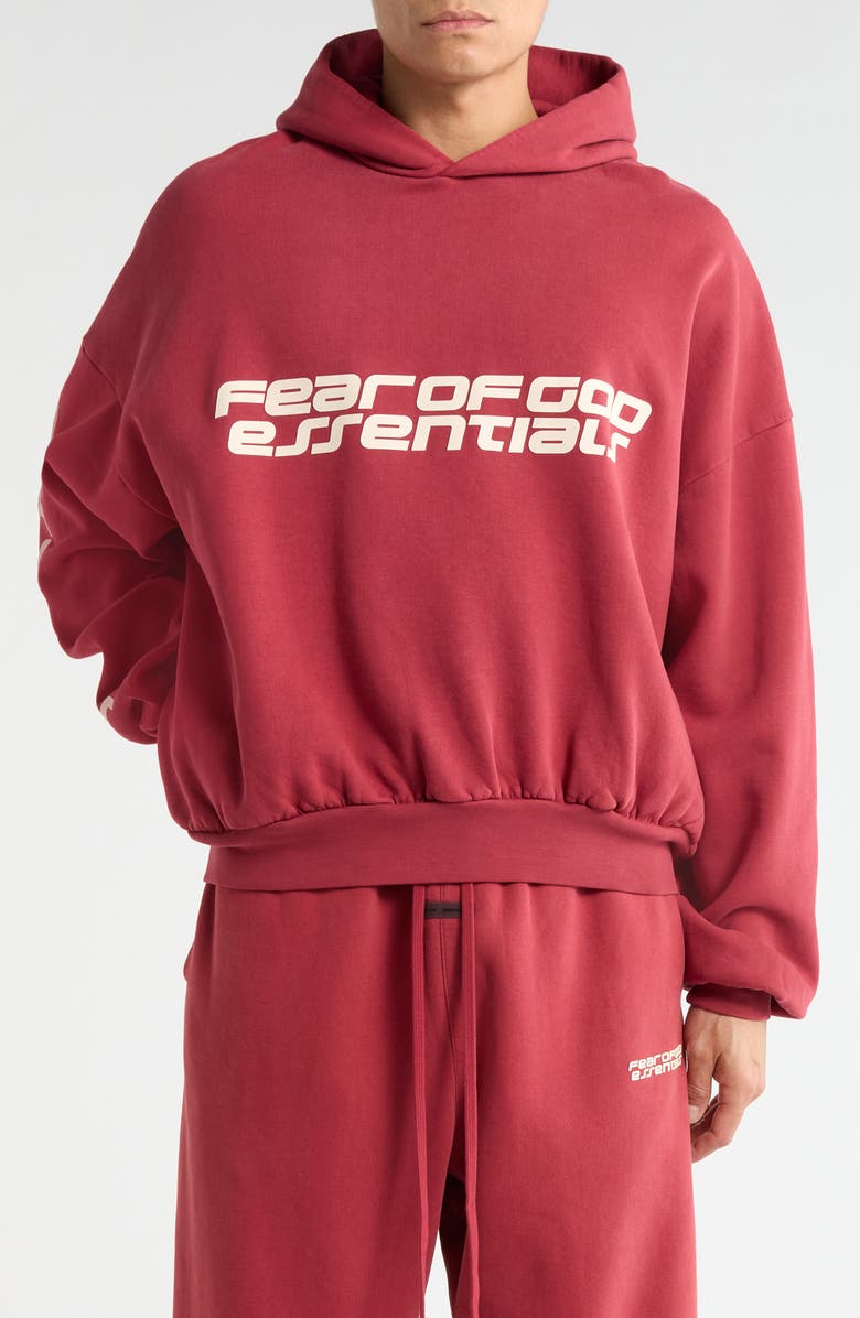 Fear of God Essentials Logo Graphic Print Relaxed Crop Hoodie, Main, color, Crimson