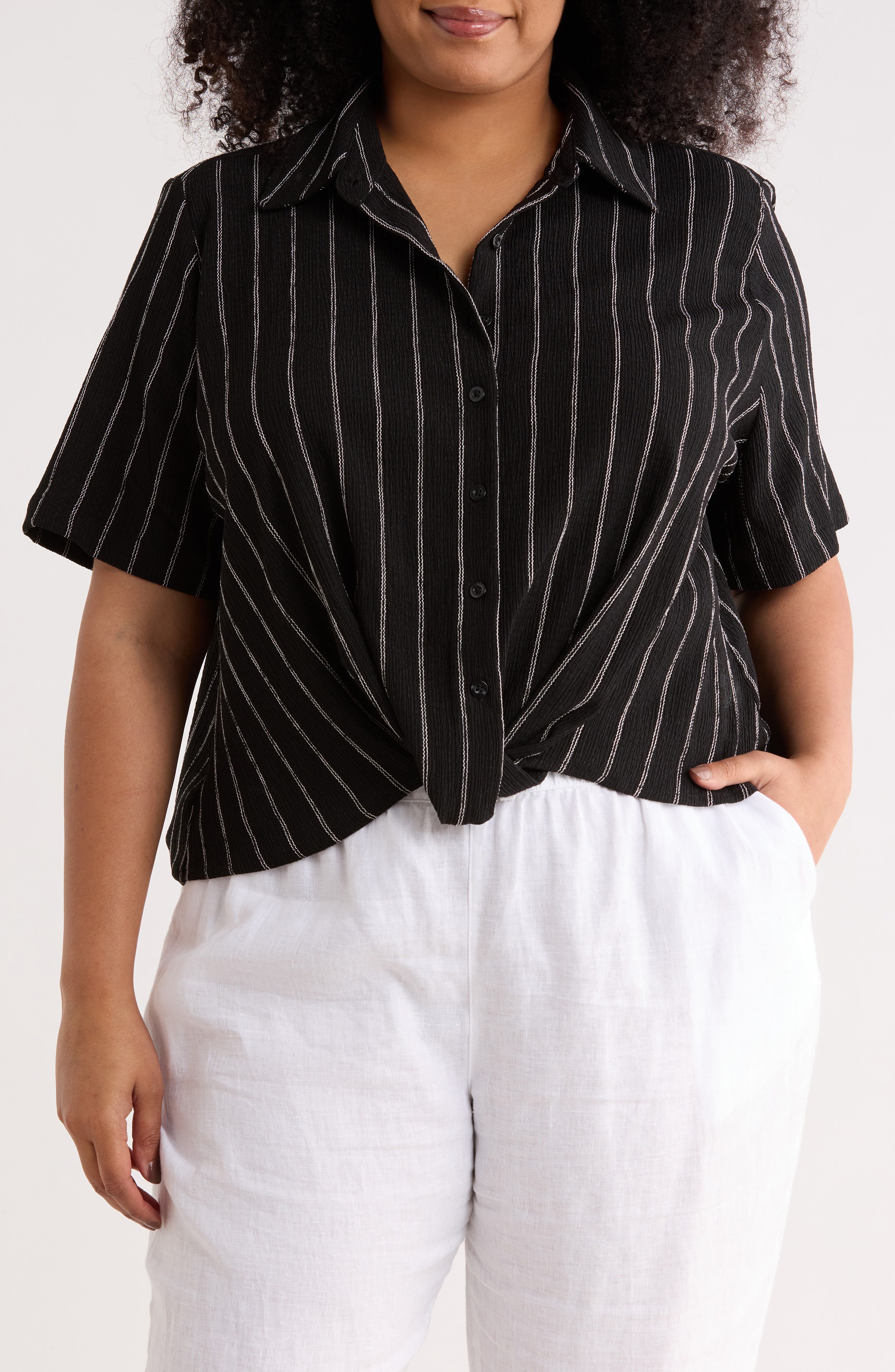 Twist Front Textured Stripe Knit Shirt