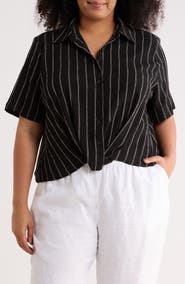 Caslon® Twist Front Textured Stripe Knit Shirt