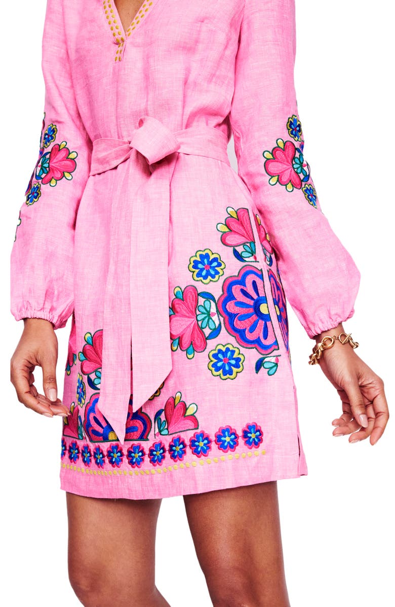 Boden Cleo Floral Embroidered Tie Waist Long Sleeve Linen Dress, Alternate, color, Pink