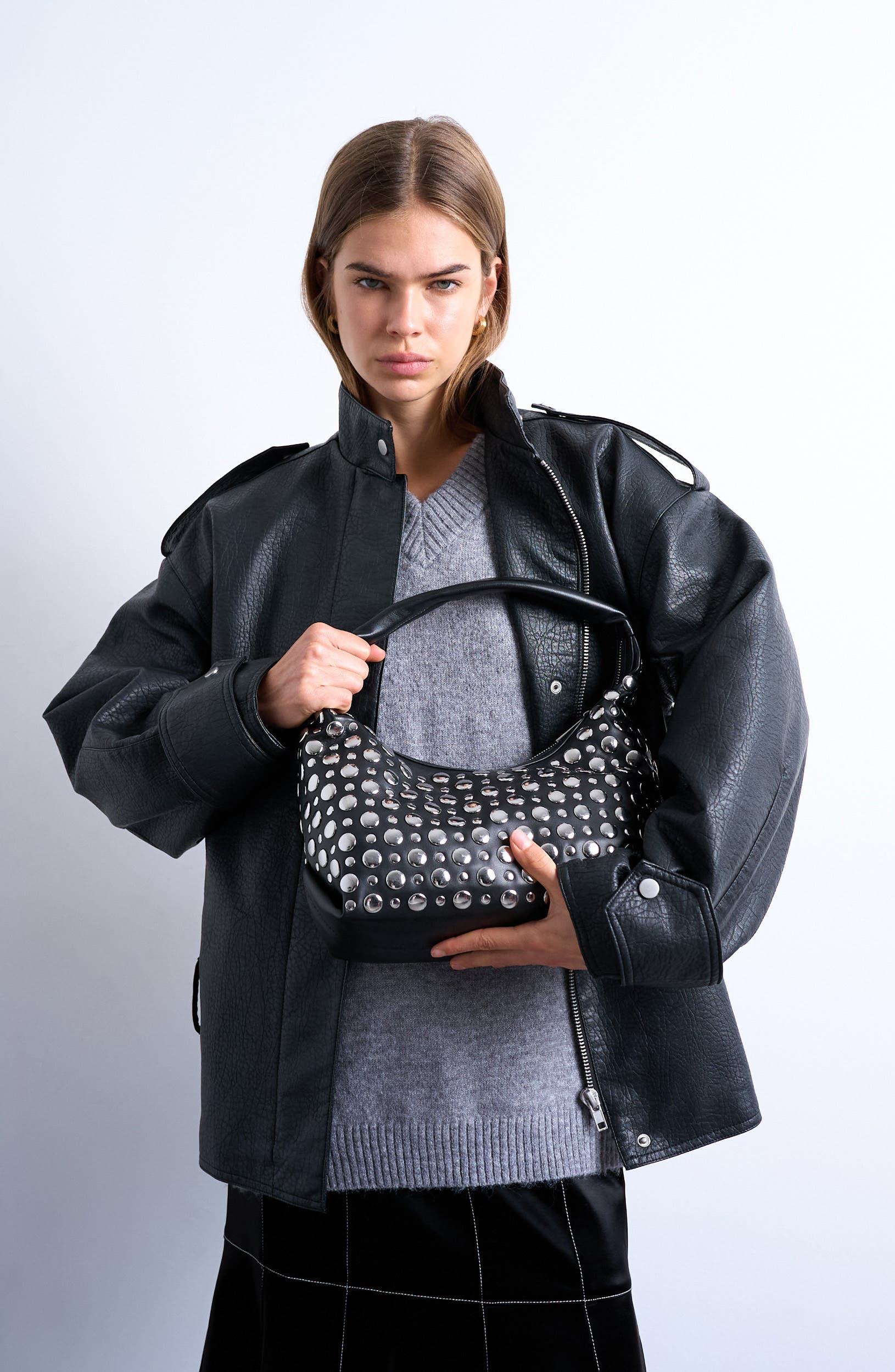 Topshop Studded Faux Leather Shoulder Bag, Main, color, 