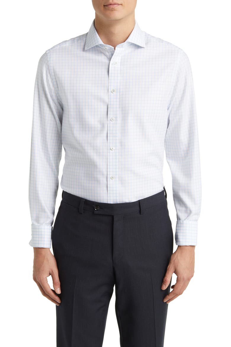Non-Iron Clifton Weave Check Cutaway Slim Fit Shirt Double Cuff, Main, color, CORNFLOWER BLUE