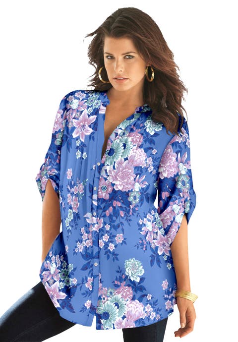 Pintuck Tunic Blouse Y-Neck & Roll-Tab Sleeves (Plus)