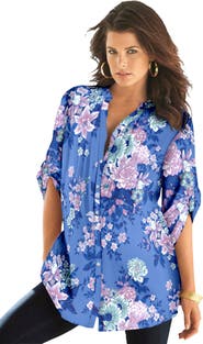 Roaman's Pintuck Tunic Blouse Y-Neck & Roll-Tab Sleeves