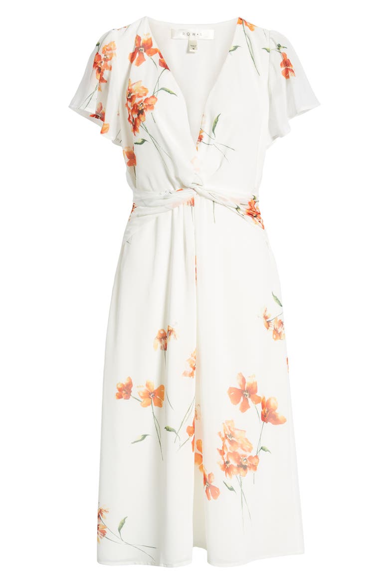 Twist Front Midi Dress, Alternate, color, IVORY ORANGE FLORAL
