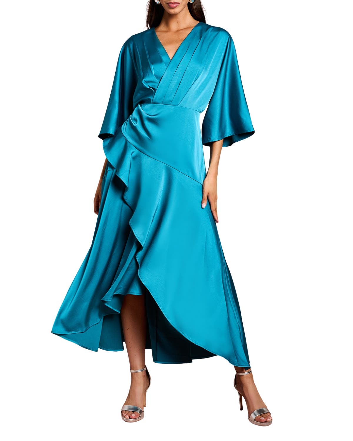 Satin Crepe Ruffle Wrap Midi Dress