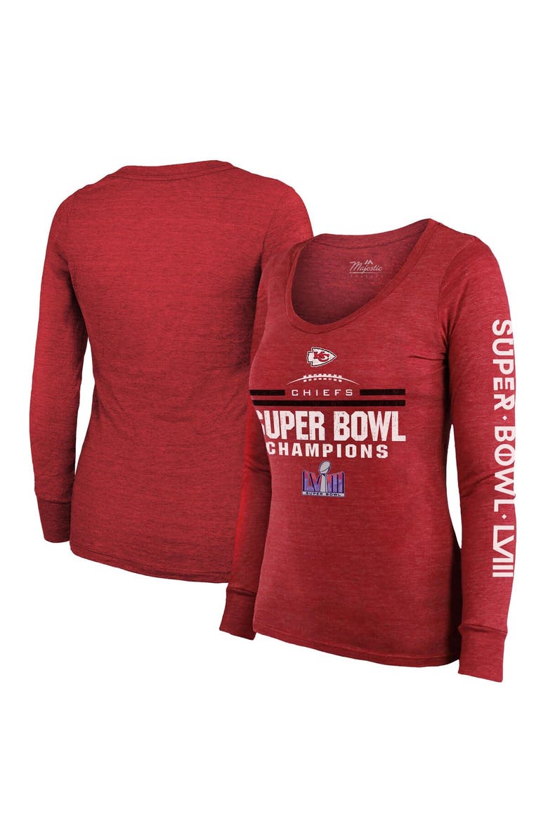 Majestic Threads Women's Majestic Threads  Red Kansas City Chiefs Super Bowl LVIII Champions Goal Line Stand Scoop Neck Tri-Blend Light Weight Long Sleeve T-Shirt, Main, color, 