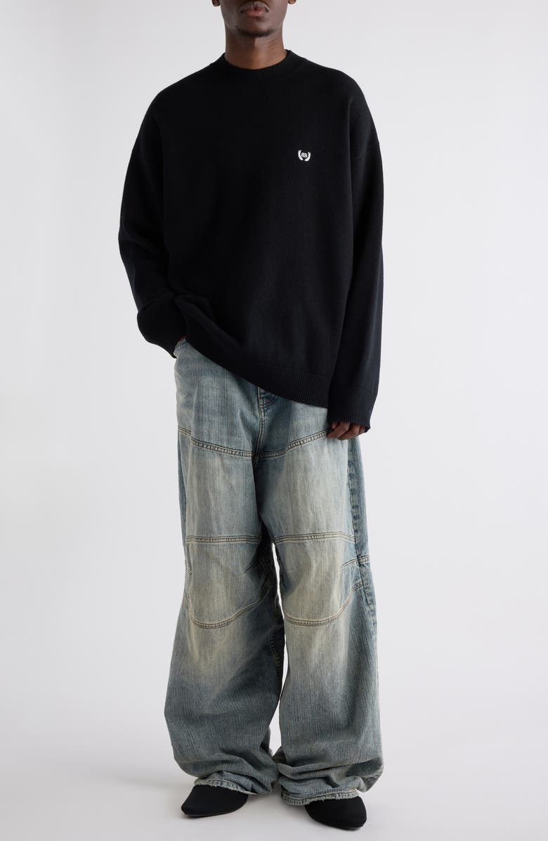 Balenciaga Relaxed Logo Embroidered Virgin Wool Sweater, Alternate, color, 1000 Black