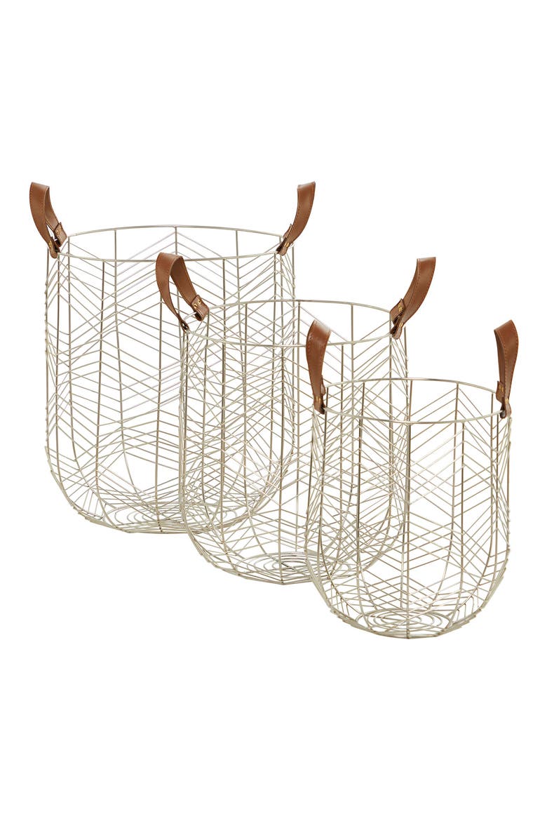 Silvertone Metal Glam Storage Basket with Faux Leather Handles - Set of 3, Main, color, SILVER