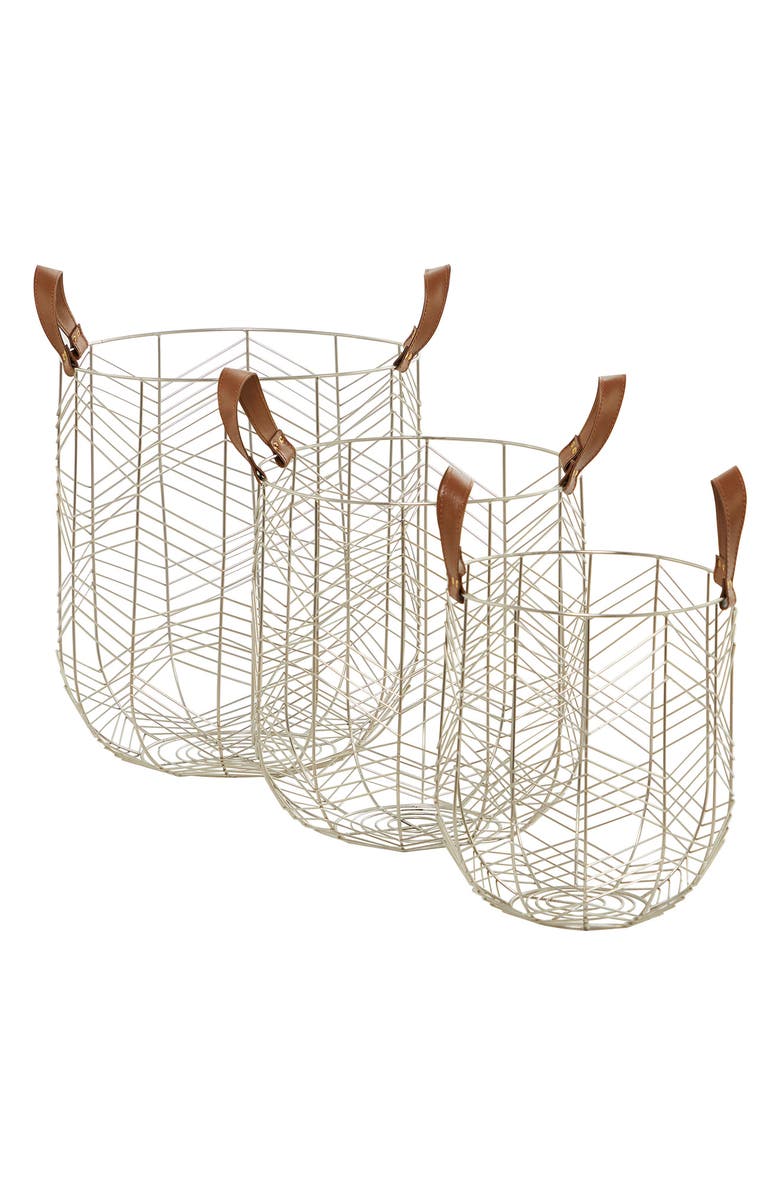 COSMO BY COSMOPOLITAN Silvertone Metal Glam Storage Basket with Faux Leather Handles - Set of 3, Main, color, Silver