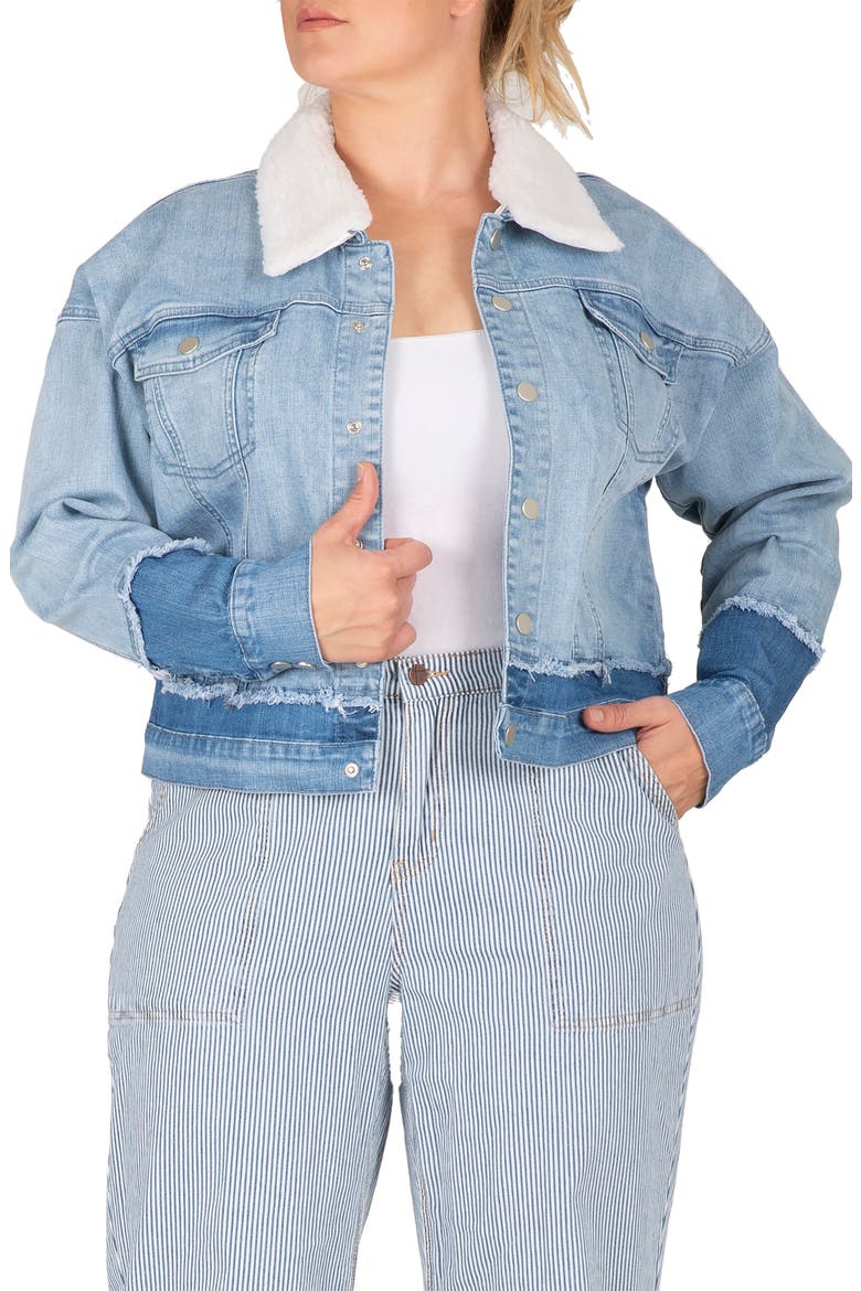 Yara Faux Shearling Collar Refurbished Denim Trucker Jacket, Main, color, BLEACH BLUE