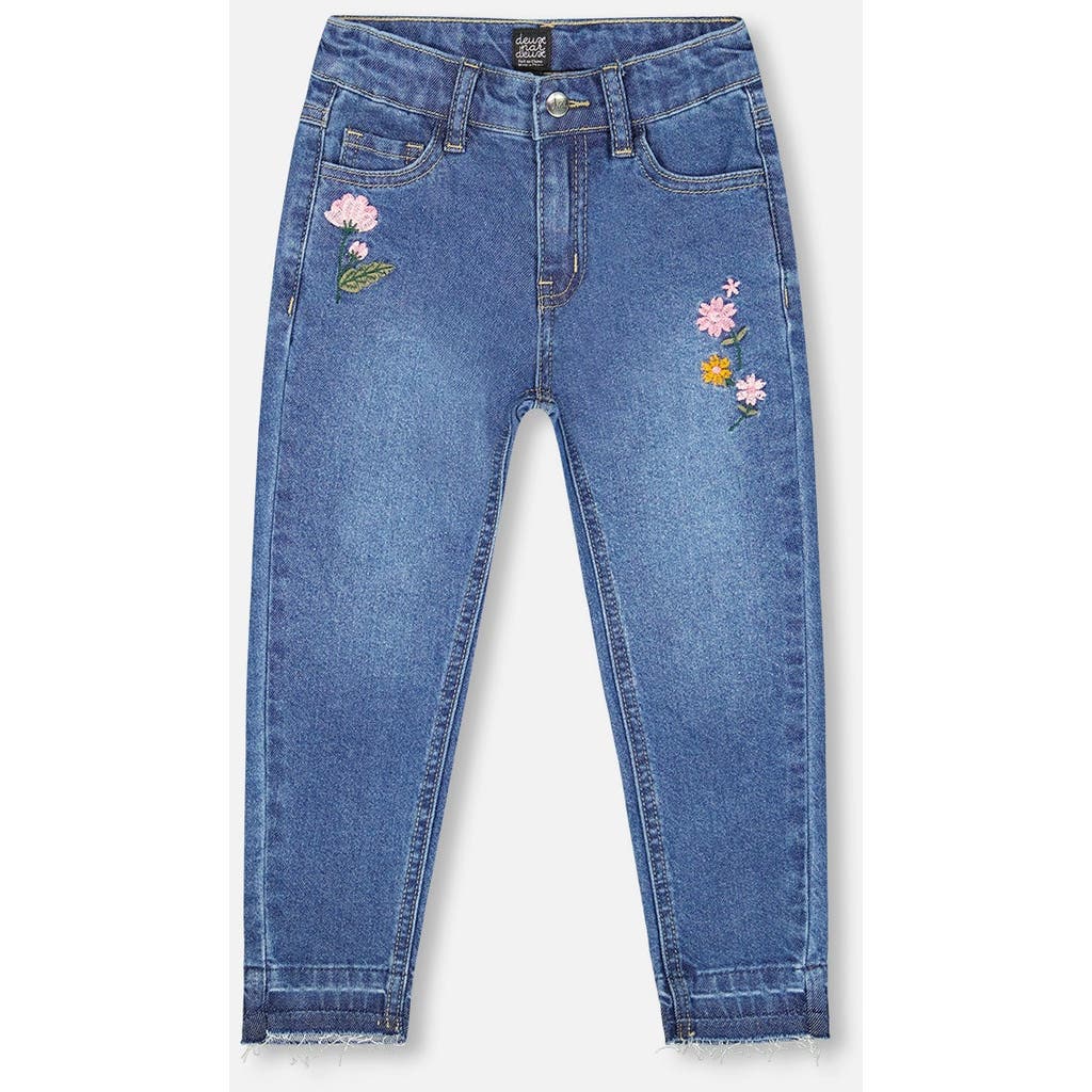 Deux Par Deux Jeans With Frayed Hems And Floral Embroideries In Blue