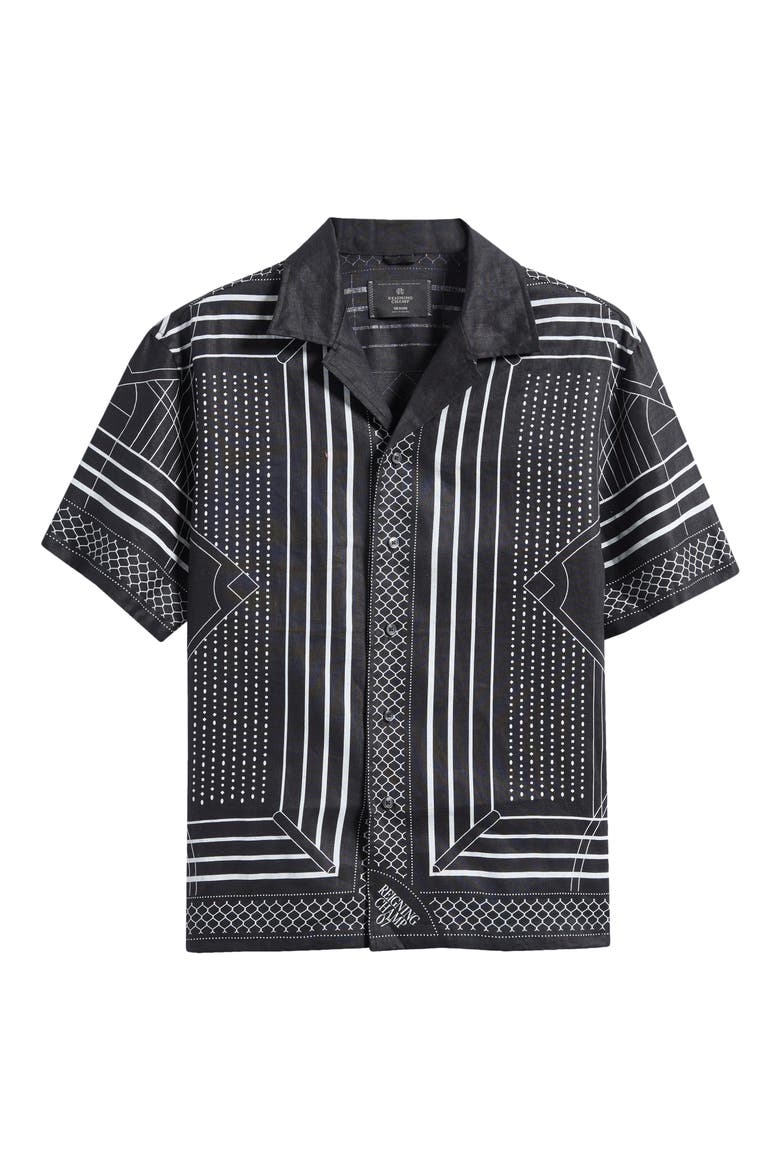 Arena Relaxed Fit Geo Print Linen Camp Shirt, Alternate, color, BLACK-WHITE