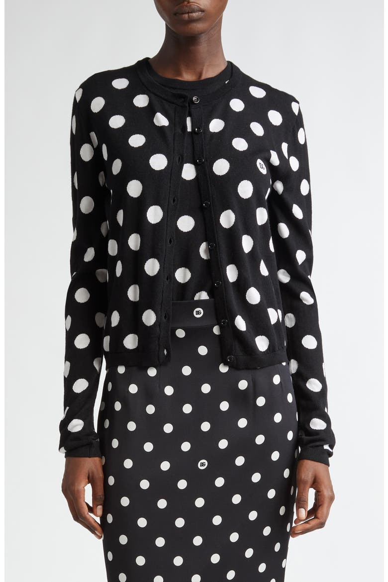 Polka Dot Virgin Wool & Silk Cardigan, Main, color, N0004 NERO/BIANCO