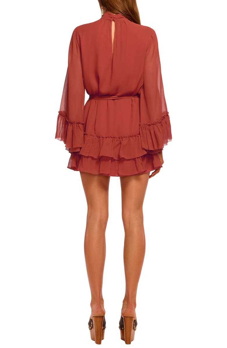 Ramy Brook Claudia Lace & Ruffle Detail Long Sleeve Silk Minidress, Alternate, color, Amber