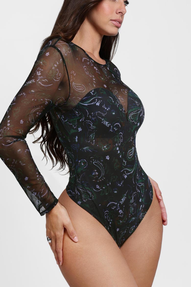 All-in-One Paisley Mesh Long Sleeve Built-In Shapewear Bodysuit, Alternate, color, Black Blue