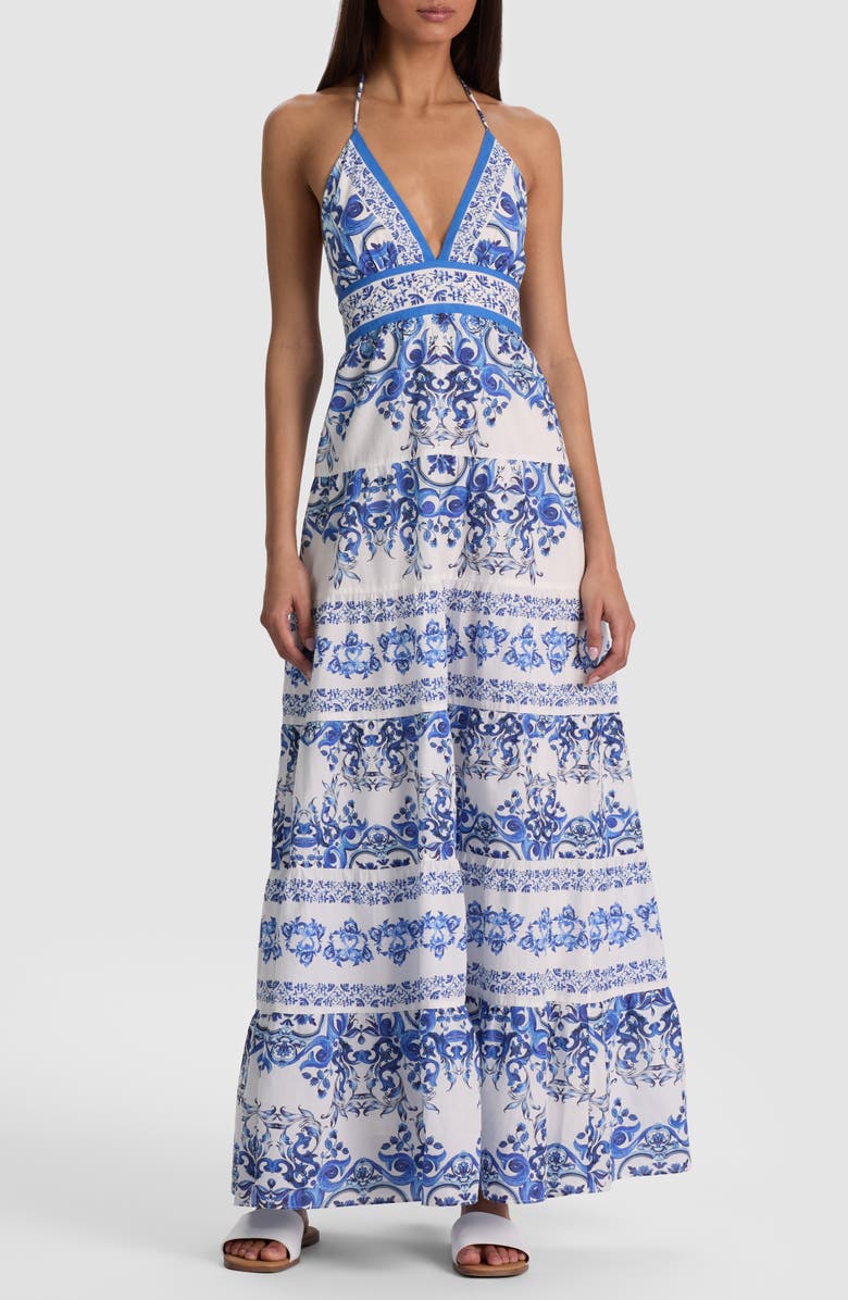 Alice + Olivia Karolina Print Cotton Halter Maxi Dress, Main, color, Solstice